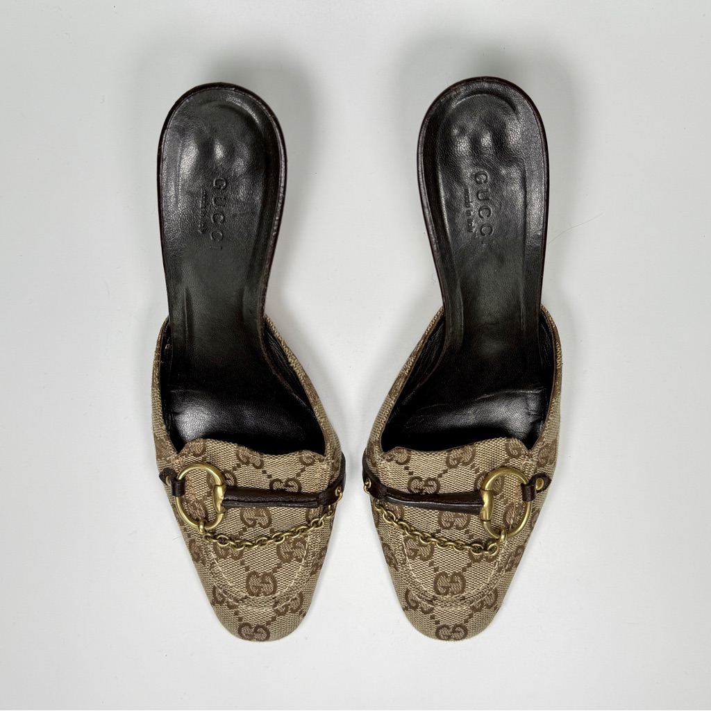 Vintage Gucci Monogram Horsebit Mule Heels In Beige / Brown / Gold Size 7b